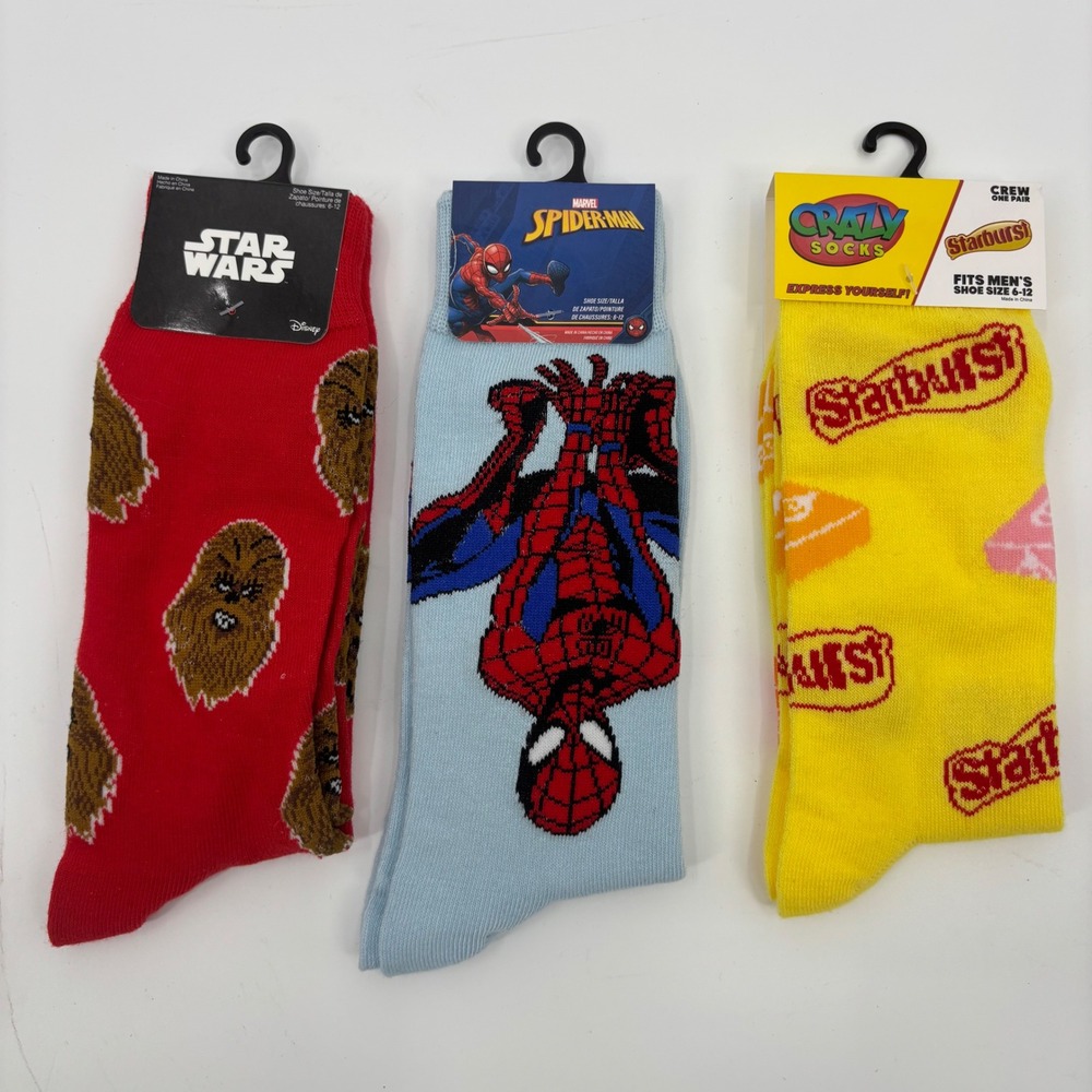 Mens Novelty Crew Socks Bundle 3pk Star Wars‎ Spider-Man Starburst Size 6-12 NEW